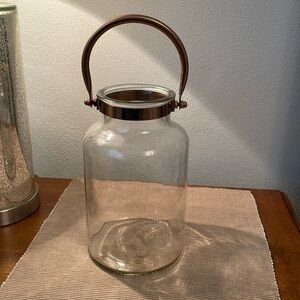 Large Unique Clear Glass Vase or Lantern with Rose Gold Copper Like Handle